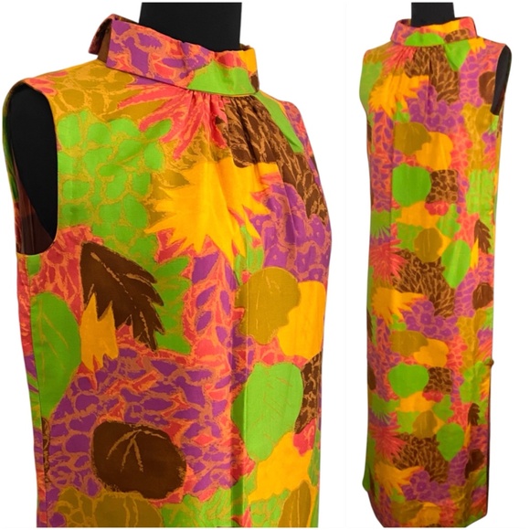 Vintage 60s 70s Maxi Dress Tiki Tropical Floral Cotton Orange Retro Mod M 8 10 - Picture 1 of 14